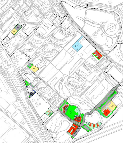 Kavels in Lanxmeer waar nog woningen of bedrijven gerealiseerd gaan worden.